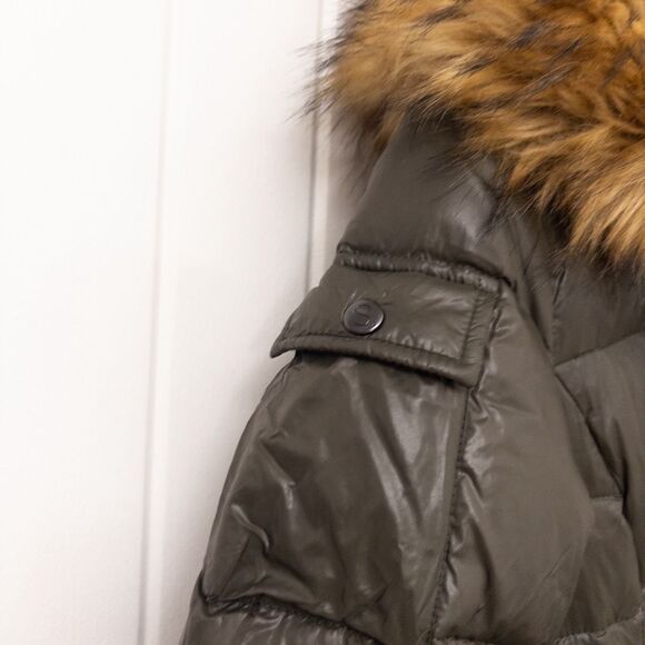 S13 Chalet Belted Faux-Fur-Trim Hooded Down Puffer Coat Green Size Small - Picture 12 of 16